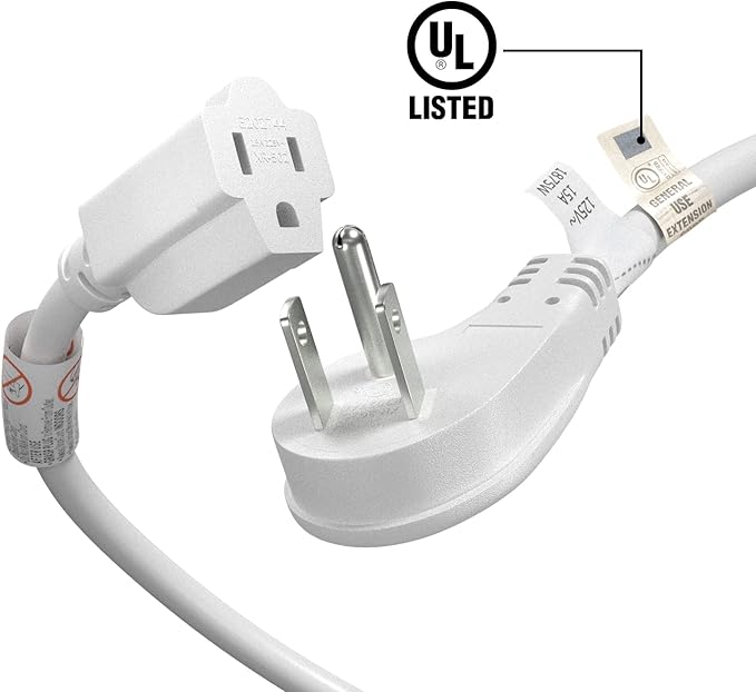 FIRMERST 1875W Flat Plug Extension Cord 3 Feet 14 AWG 15A White, 2 Packs