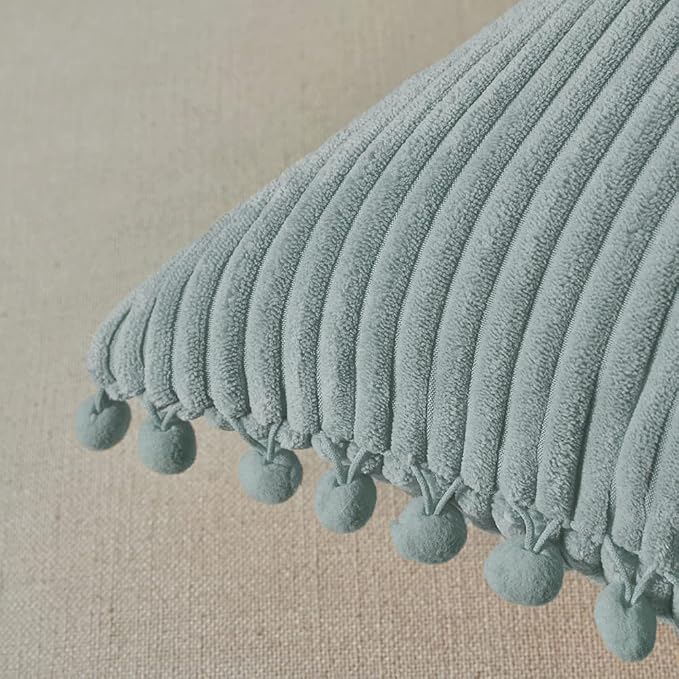 Fancy Homi Pack of 2 Farmhouse Lumbar Decorative Throw Pillow Covers with Pom-poms, Soft Corduroy Solid Rectangle Cushion Cases Set for Couch Sofa Bedroom Living Room (12x24 Inch/30x60 cm, Grey Blue)