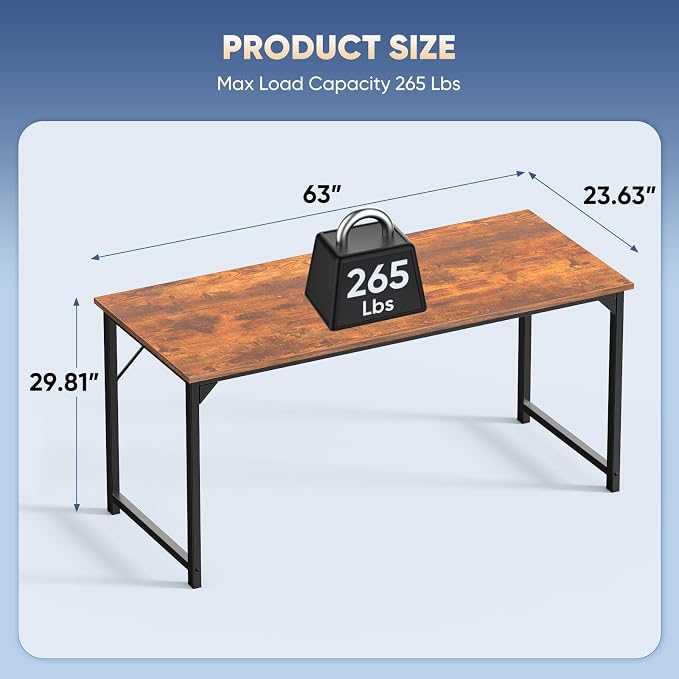 DUMOS 63 Inch Small Computer Desk, Gaming Desks for Home Office Bedroom | Modern Study Writing Work Table, Craft PC Desk Simple Workstation with Reinforcement Structure, Rustic Brown
