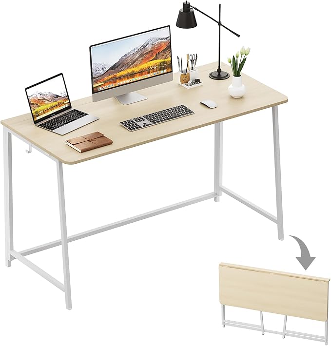 WOHOMO Folding Desk, 47.2" Foldable Computer Table for Small Spaces, Oak | Easy Assembly and Fold, Sturdy Home office desks for Study Bedroom Dorm Space Saving Writing Work Apartment
