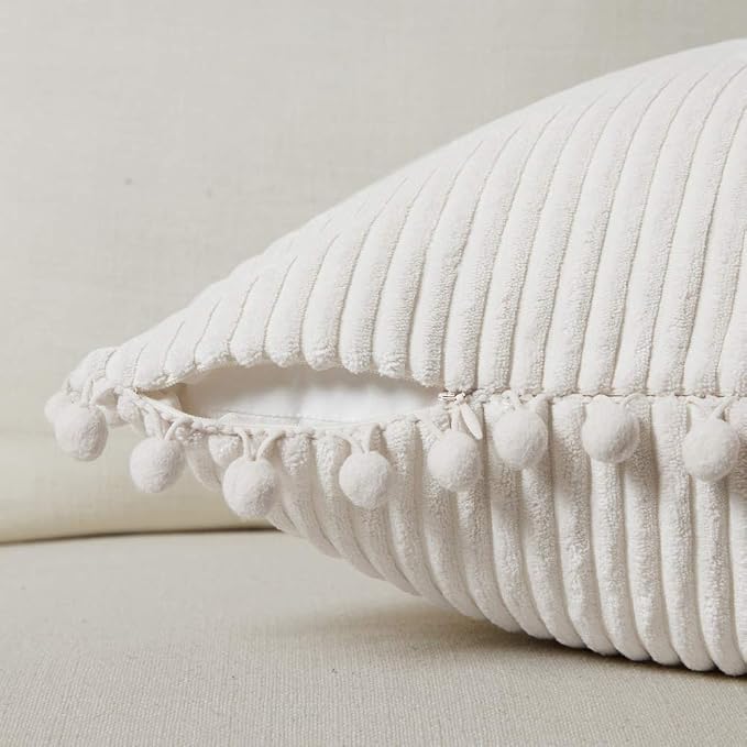 Fancy Homi 2 packs Cream White Boho Decorative Throw Pillow Covers with Pom-poms, Soft Corduroy Solid Square Cushion Cases Set for Living Room Couch Sofa Bedroom Car (20x20 Inch/50x50 cm, Cream White)