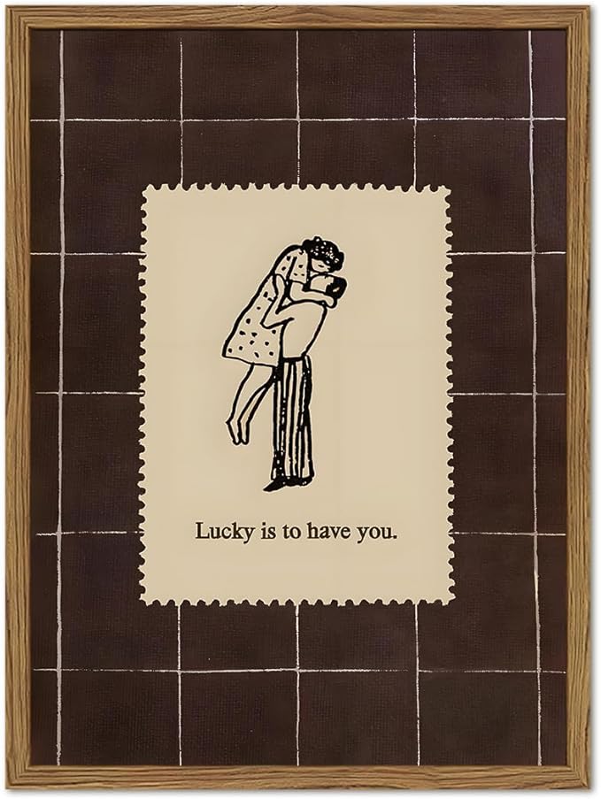 Vintage Love Couples Wall Art, Mid Century Lucky is to Have You Wall Decor Picture Romantic Anniversary Valentine Stamp Poster Canvas Prints for Bedroom Living Room 12x16 inch Wood Framed