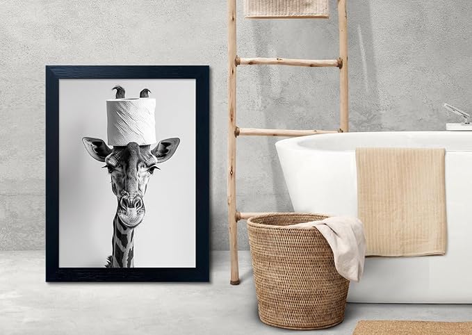 Framed Funny Bathroom Wall Art Giraffe with a Toilet Paper Roll on Head Print Black and White Bathroom Pictures Wall Decor Humor Animal Canvas Artwork