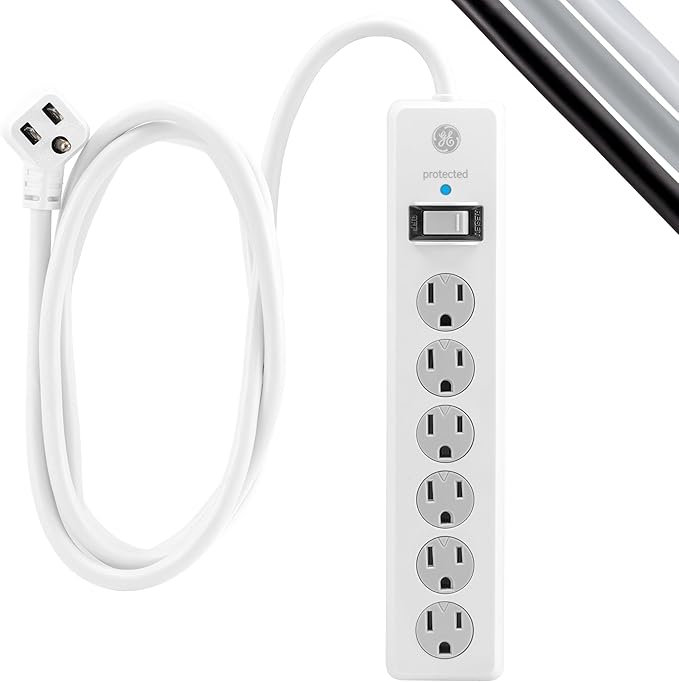 GE Surge Protector Power Strip, 15 Ft Extension Cord, 6 Outlet Extender, 800 Joules, Flat Plug, Twist-to-Close Safety Covers, ETL Listed, White, 50768