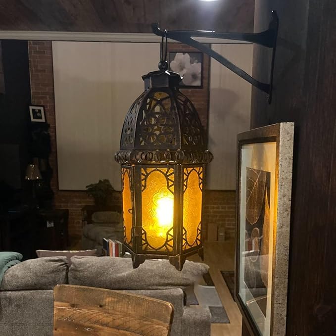 NEEDOMO Set of 2 Hanging Moroccan Lantern, 12.8'' Vintage Candle Holder, Metal Lanterns Decorative Indoor Outdoor, Table, Patio, Porch, Shelf, Ramadan Decorations (Amber)