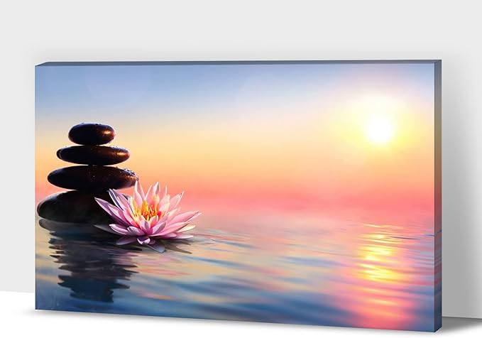 Zen Wall Art Decor, Modern Bathroom Zen Decor Wall Art, Large Canvas Wall Art for SPA Zen Room Decor, Pink Lotus Flower and Pebble Relaxing Zen Art Prints for Office & SPA Wall Decor 28x40 Inches