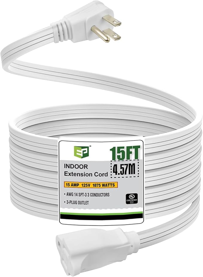 EP 15 Ft Heavy Duty Appliance Extension Cord - 14 Gauge 3 Prong SPT-3 Cable Wire, Ideal for Air Conditioners, Refrigerators, and Major Appliances - Indoor Use, White