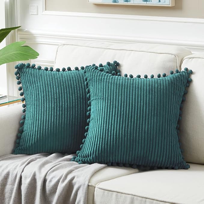 Fancy Homi 24x24 Pillow Covers, 2 Packs Teal Throw Pillow Covers with Pom-poms, Super Soft Corduroy Square Solid Cushion Cover for Couch Sofa Bedroom Living Room 60x60 cm