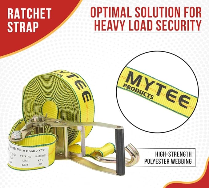 Mytee Products 4 Pack 2" x 27' Ratchet Straps with Wire Hooks 10,000 lbs Breaking Strength - Heavy Duty Cargo Tie Down Straps for Truck, Trailers, Moving Appliances, Motorcycles & Flatbed Loads
