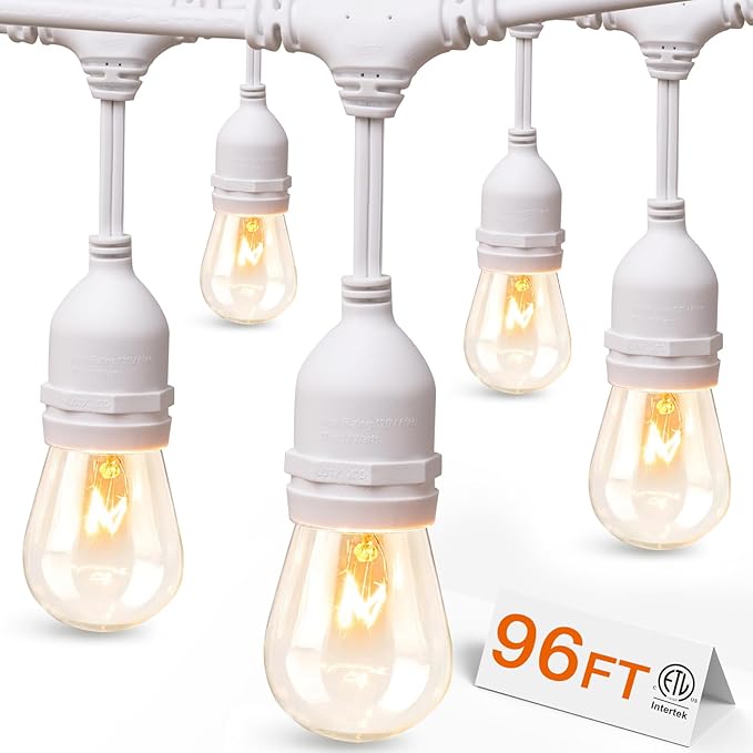 addlon 96FT(48FT*2) Outdoor String Lights White Commercial Grade Weatherproof Strand, 36 Edison Vintage Bulbs, 30 Hanging Sockets 6 Spare Bulbs, ETL Listed Decorative Lights for Patio Garden