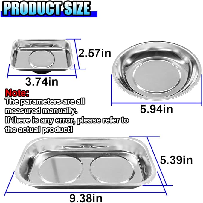 3PCS Magnetic Tray Holder, Stainless Steel Extra Strong Magnetic Bowl Parts Tray Set for Screws, Nuts, Bolts, Sockets, Pins – Mechanic Tool Metal Parts Organizer for Automotive Repair(Round&Rectangle)