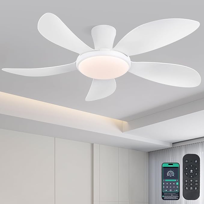 48" Modern White Ceiling Fans with Lights and Remote/APP,Low Profile Ceiling Fans with Quiet Reversible DC Motor, Dimmable 3 Colors Led, 6 Wind Speeds