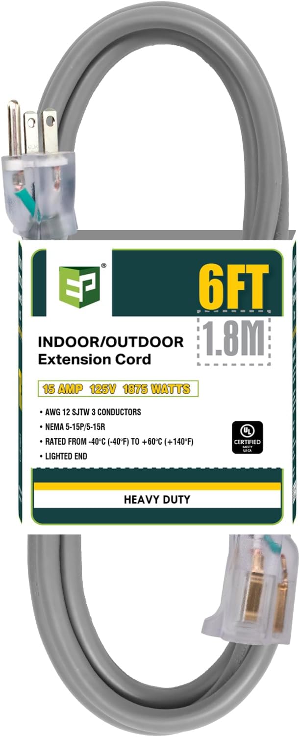 EP 6 Ft Lighted Outdoor Extension Cord - 12/3 SJTW Heavy Duty Grey Extension Cable with 3 Prong Grounded Plug - Power Cord for Lawn, Garden, Appliances