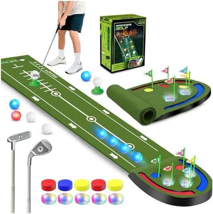 Upgraded Golf Putting Mat for Kids, Putting Green with LED Light up Holes, Glowing Balls, 2 Clubs, Toy Golf Set, Golfing Mats Indoor Outdoor, Sport Game Golf Gift for for Kids Teens Family