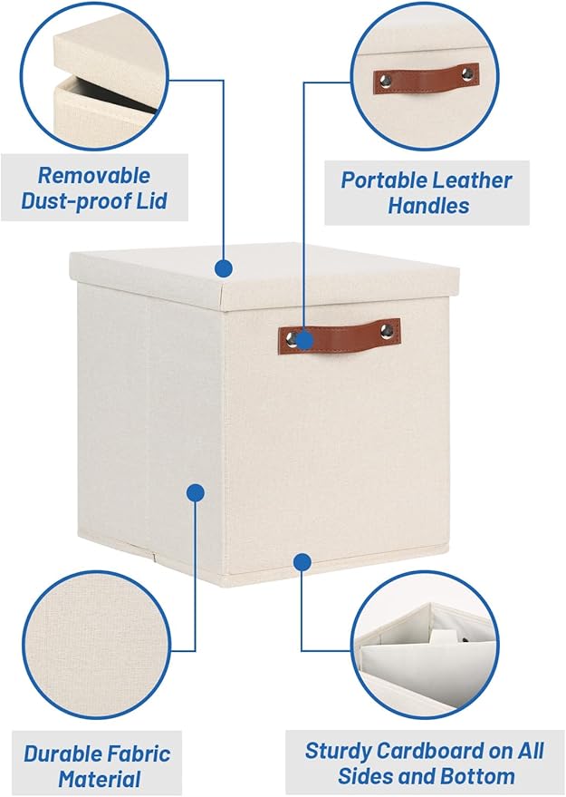 Temary Fabric Storage Bins with Lids 13 Inch Storage Cubes with Lid, Decorative Foldable Storage Boxes for Clothes, Closet Organizers (Beige, 13x13x13inch)