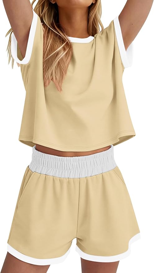 WIHOLL Two Piece Sets for Women Summer Lounge Short Sets Cap Sleeve Crew Neck Sweatsuit with Pocket XS-2XL