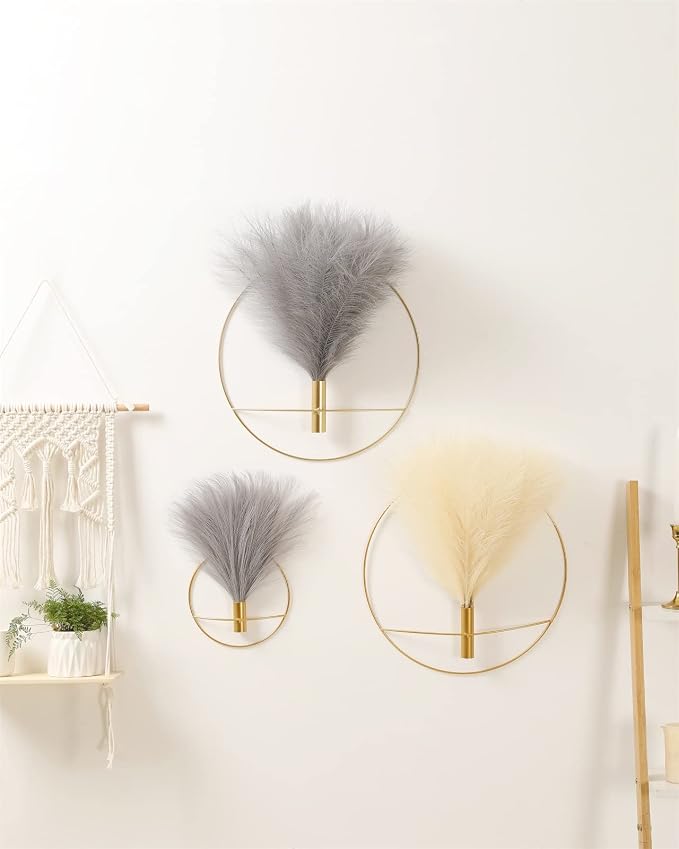 Pretty Jolly Boho Pampas Wall Decor Gold Metal Wall-Mounted Art | Morden Artificial Greenery Display，2 Pack Beige Hanging Planter For Living Room, Bedroom, Bathroom, Dining room