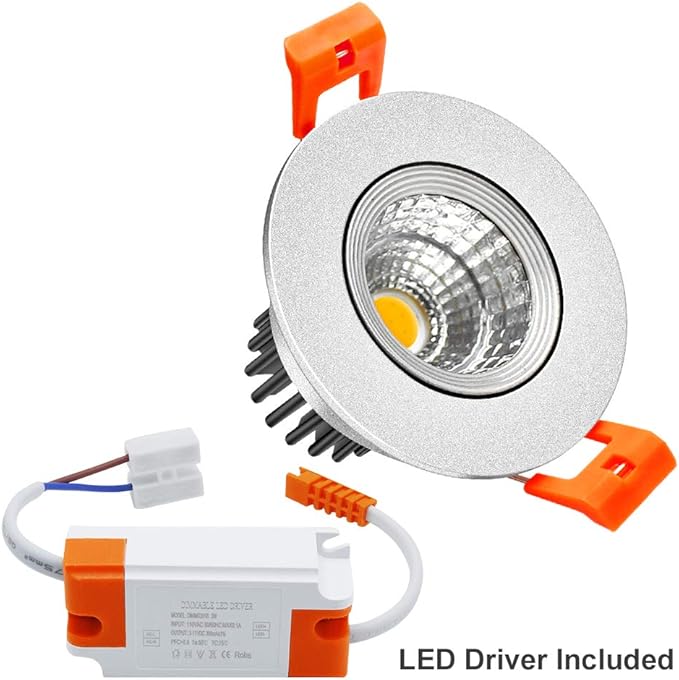 LightingWill 2inch LED Dimmable Downlight, 3W COB Recessed Ceiling Light, Warm White 3000K-3500K, CRI80, 25W Halogen Bulbs Equivalent, Silver(10 Pack)