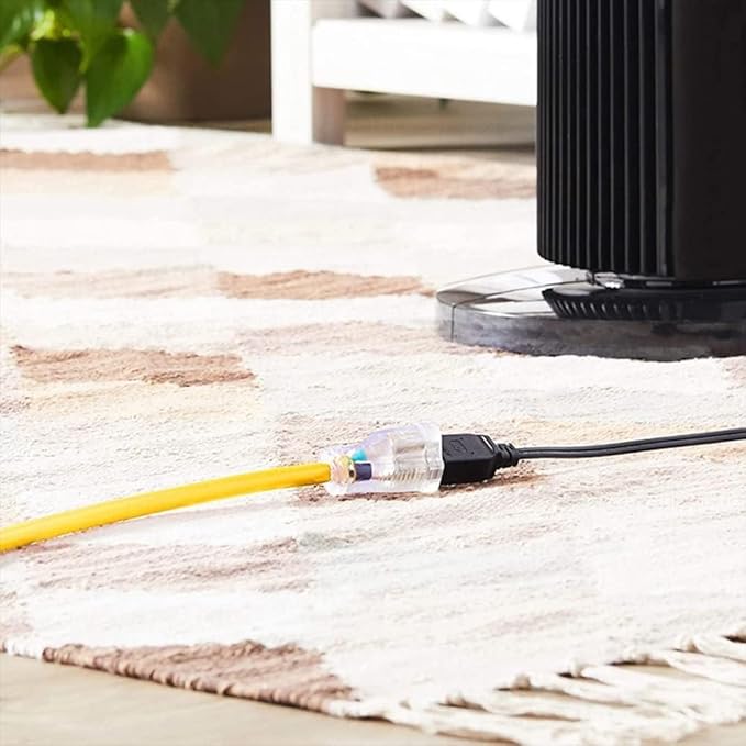 Indoor Outdoor Extension Cord Weatherproof with Lighted End, UL Certified, 14 Gauge 12FT Yellow 3 Prong Heavy Duty, 14/3 SJTW 15A Power Cord for Outdoor Lights, Lawn