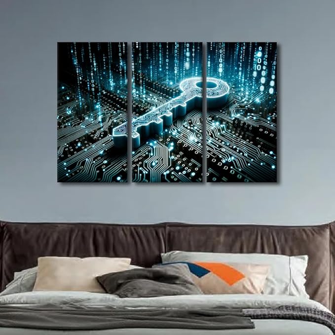 TUMOVO Security Concept Wall Art Key on Circuit Board Background with Binary Code Poster Pictures Print On Canvas Wall Art, Artificial Intelligence Artwork for Wall Decoration, 42" Wx28 H
