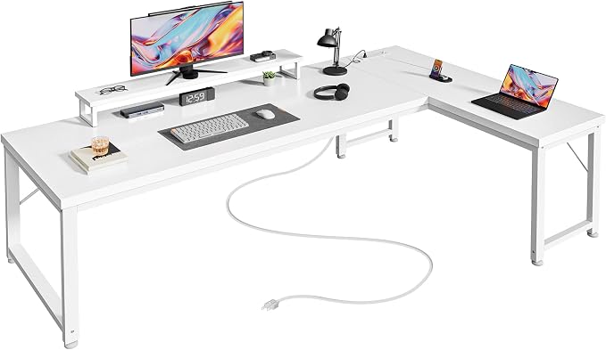 PRAISUN 61" L Shaped Computer Desk, Power Outlets, Monitor Stand, White | USB-C Ports, Reversible Charging Station, Spacious Desktop & Legroom, 0.94 Inch Thick Desktop, for Gaming, Study & Work