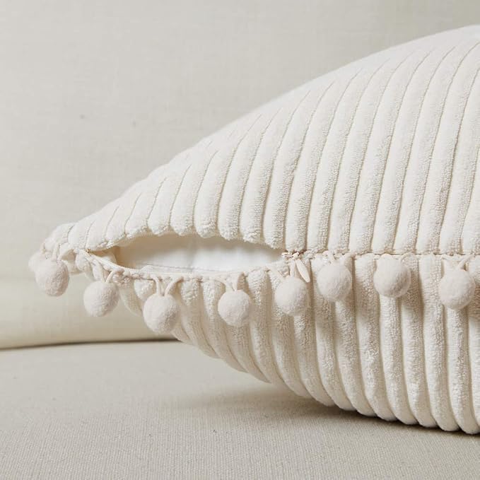 Fancy Homi Pack of 2 Corduroy Soft Decorative Throw Pillow Covers with Pom-poms, Solid Square Cushion Case Pillow Cases Set for Couch Sofa Bedroom Car Living Room (22x22 Inch/55x55 cm, Cream)