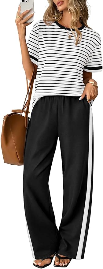 Sampeel 2 Piece Sets for Women Matching Sets Summer Outfits Resort Wear Short Sleeve Lounge Set Wide Leg Pants with Pockets