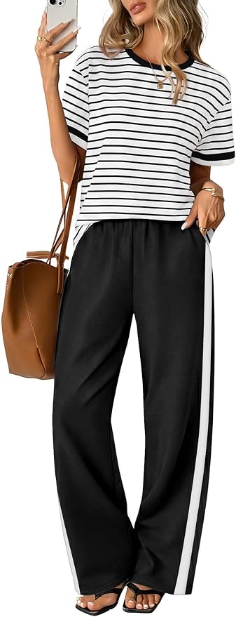 Sampeel 2 Piece Sets for Women Matching Sets Summer Outfits Resort Wear Short Sleeve Lounge Set Wide Leg Pants with Pockets