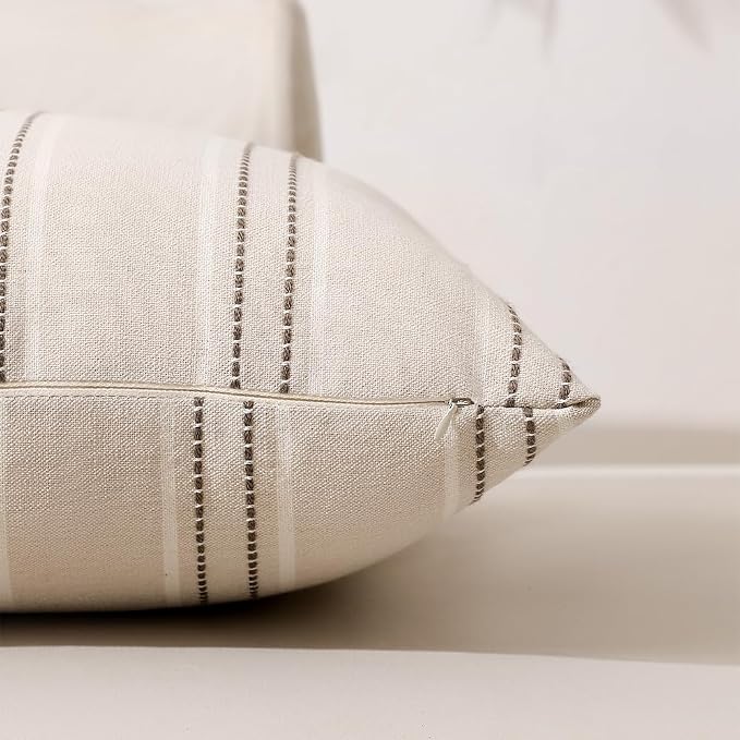 Hckot Striped Throw Pillow Covers 16x16 Set of 2 Charcoal Pillow Covers | Farmhouse Decorative Pillows Textured Linen Square Cushion Covers for Sofa Couch Bed Living Room Decor