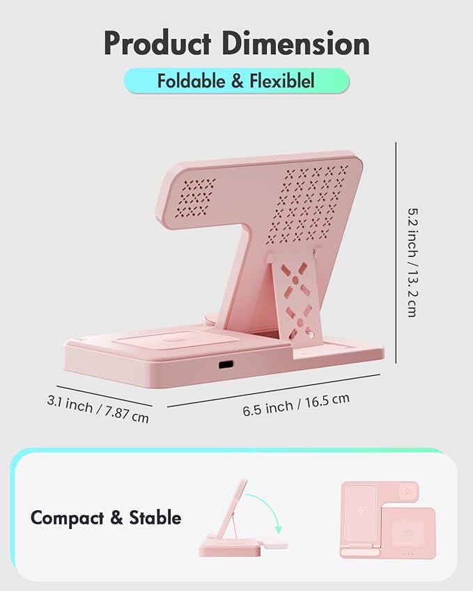 Wireless Charger Stand Charging Station: 3 in 1 Charger Stand Multiple Devices for Apple - iPhone 17 16e 16 15 14 Pro Max 13 12 - Watch 11 10 9 8 7 6 5 4 3 2 SE and Ultra Series-Airpods 4 3 Pro, Pink