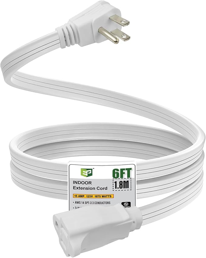 EP 6 Ft Heavy Duty Appliance Extension Cord - 14 Gauge 3 Prong SPT-3 Cable Wire, Ideal for Air Conditioners, Refrigerators, and Major Appliances - Indoor Use, White