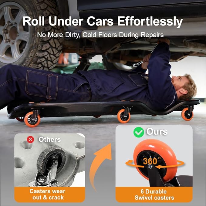 42" Mechanic Creeper with 6 Swivel Casters, Ergonomic Car Creeper with 2 Soft Pads, 350LBS Capacity Low-Profile Design & 2 Tool Trays for Automotive and Garage Repair