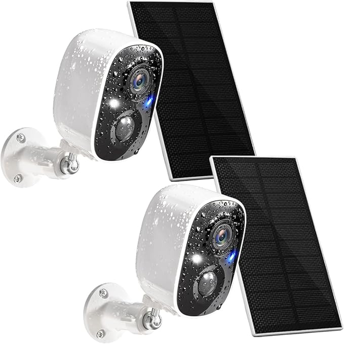 GMK Solar Security Cameras Wireless Outdoor, with Solar Panel 2K Color Night Vision Motion Detection 2-Way Talk Battery Powered WiFi Home Indoor Camera IP65 Weatherproof Cloud/SD Storage 2-Pack