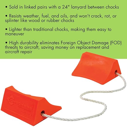 Checkers 5.5" Airplane Chocks, Aviation Wheel Chocks for Small Aircraft, Roped Pair Tire Chock, Durable Lightweight Urethane, Orange, UC200-S