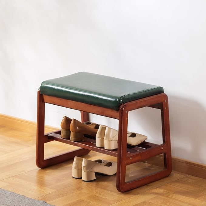 Solid Wood Shoe Bench, 2-Tier Wooden Entryway Bench, Modern Shoe Rack with Faux Leather Cushion for Hallway, Living Room (Green, 21.65'')