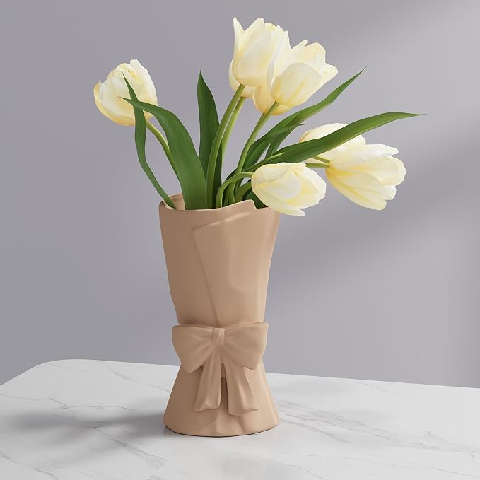 Relexome Beige Ceramic Bow Vase 9.64 in Unique Cute Modern Decorative Bouquet Flower Vases for Home Living Room Table Decor Women Girl Gifts