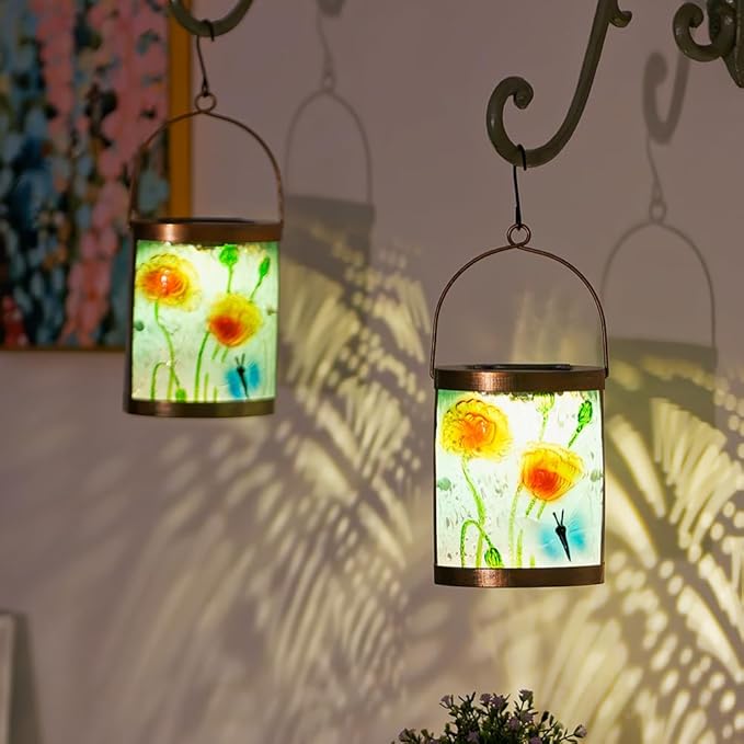 Starsoul 2 Pack Hanging Solar Lantern Outdoor Waterproof Glass Butterfly and Flowers Decorative Solar Lights for Outside Garden Yard Table Patio Decor