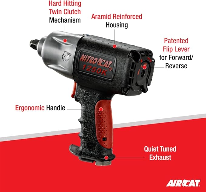 AIRCAT 1250-K 1/2-Inch Nitrocat Composite Twin Clutch Impact Wrench - Composite Impact Wrench with 950 ft-lb Max Torque - Quiet Operation - Reinforced Housing - Hard-Hitting - Ergonomic