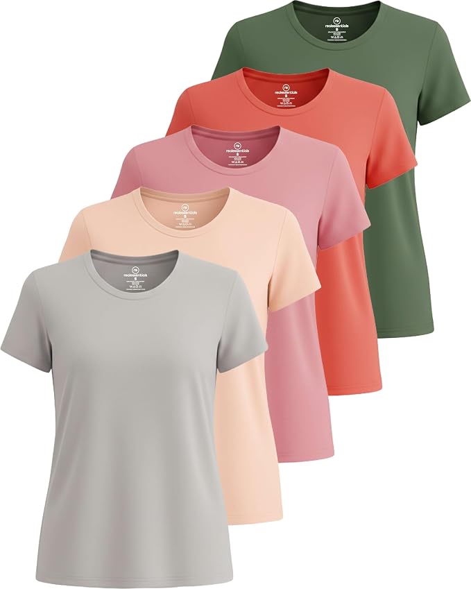 5 Pack Women's Dry Fit Short Sleeve Athletic Gym Workout Running Tops | Available in Plus Size, Exercise, Sports, Fitness, Quick Dry, Cooling, Moisture Wicking, Loose Basic Tees, Yoga, Pilates