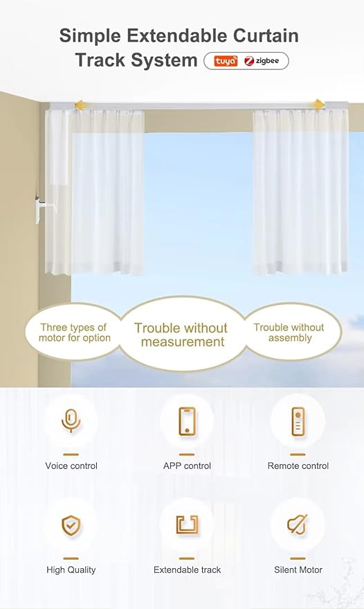 ZigBee Smart Curtain Motor with Retractable Track, Automatic Curtain Opener System 2.5N.m Motorized Drapery Rods Compatible with Alexa/Google Home (2.8-5.2 meters (110.2-204.7 inches) Adjustable)