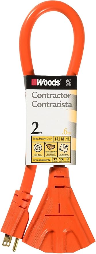 Woods 990824 12/3 Outdoor Multi-Outlet Extension Cord; 2-Foot; Orange