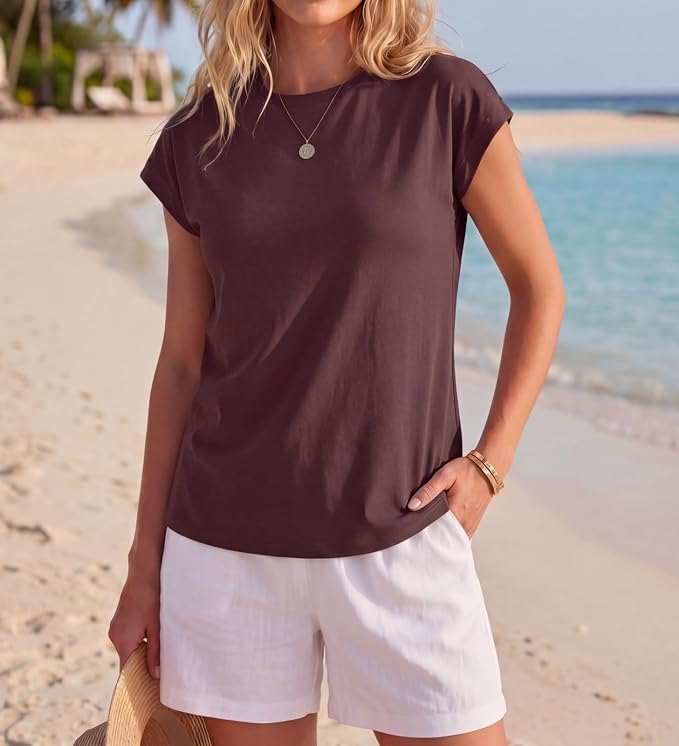 GRECERELLE Womens Summer Tops Cap Sleeve Crew Neck Basic T-Shirt | Everyday Casual Wear, Layering Friendly, Wrinkle-Resistant, Business Casual Ready, Lightweight & Packable, Capsule Wardrobe