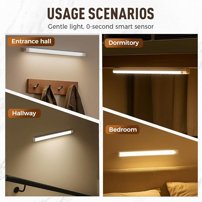 Punch-Free Smart Sensor Magnetic Rechargeable LED Lights, 2026 Upgraded Lntelligent Motion Sensor Light Strip, 3 Colors-Dimmable, Under Cabinet Lighting Wireless (4, Warm Light, 20cm/7.8in)