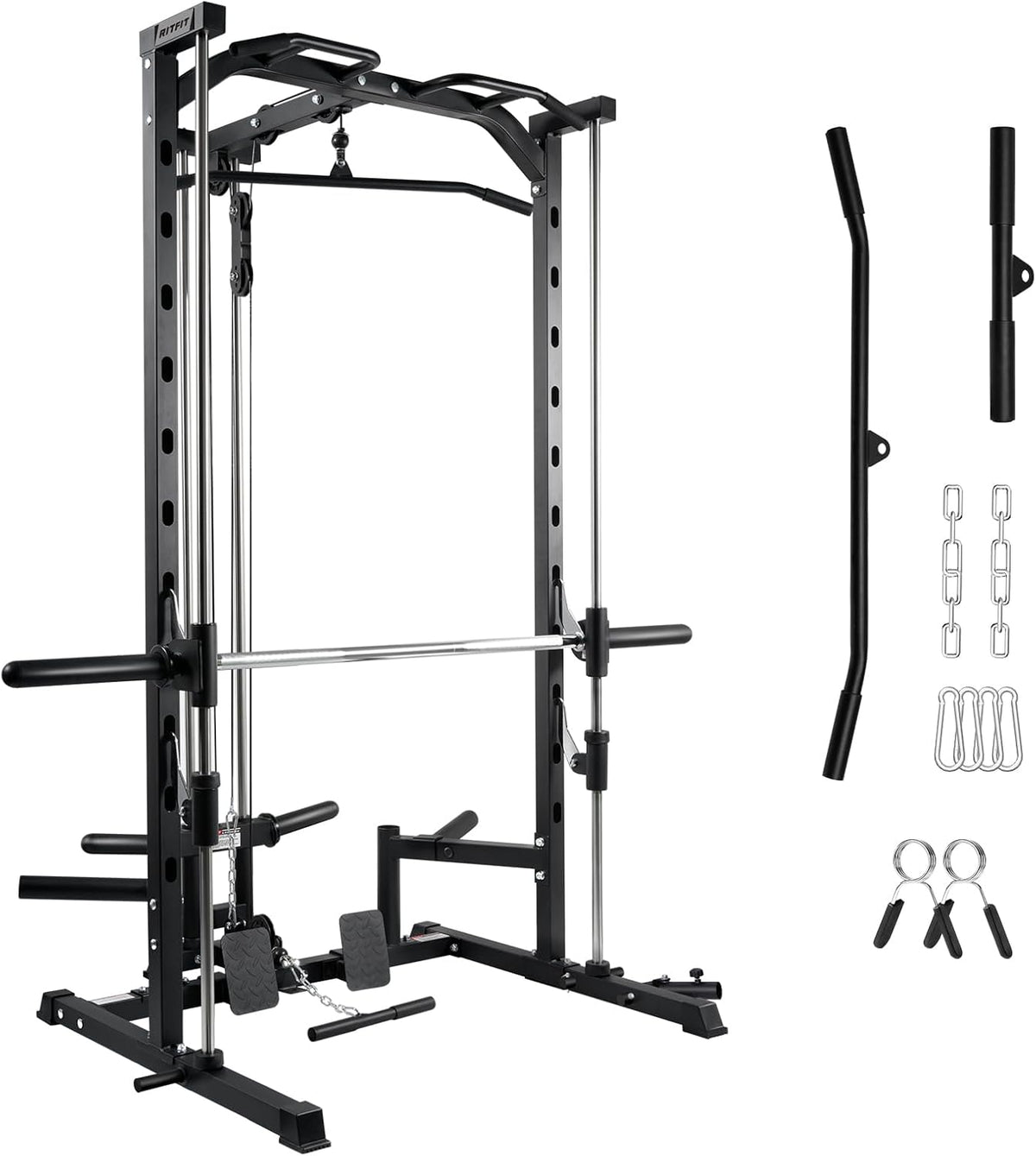 RitFit Smith Machine Power Rack - Versatile LAT Pull Down System & Barbell Training Attachments