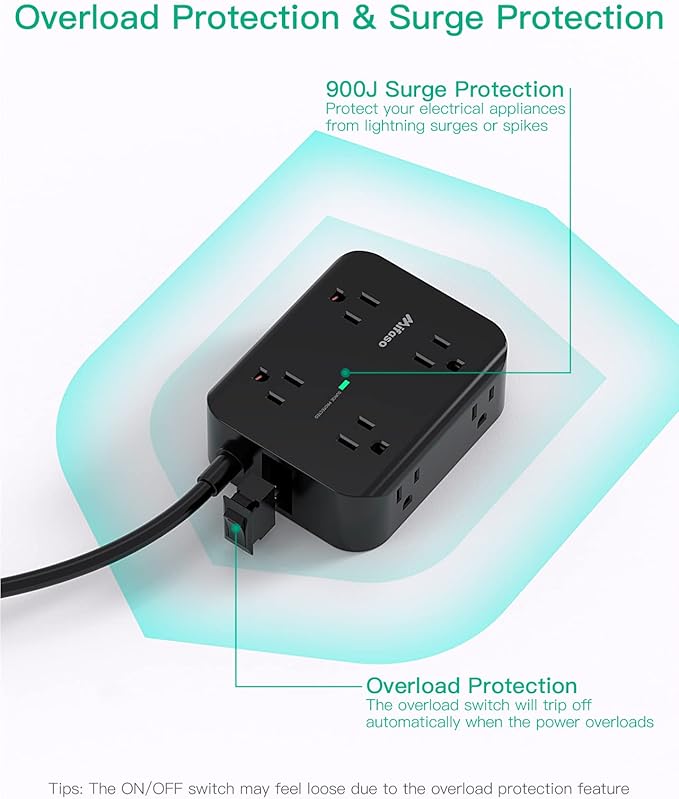 Extension Cord 10 FT, Flat Plug Power Strip Surge Protector with 8 Wide Outlets 4 USB Ports, 3-Side Outlet Extender, Mounted, Overload Protection, for Indoor Home Office, Dorm Room Essentials