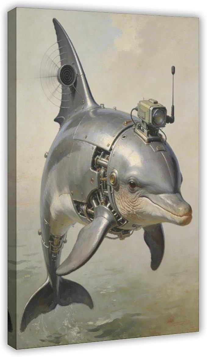 Framed Steampunk Mechanical Dolphin Wall Art - Marine Retro-Futuristic Poster for Beach House Living Room Decor 12x18inch(30x45cm)