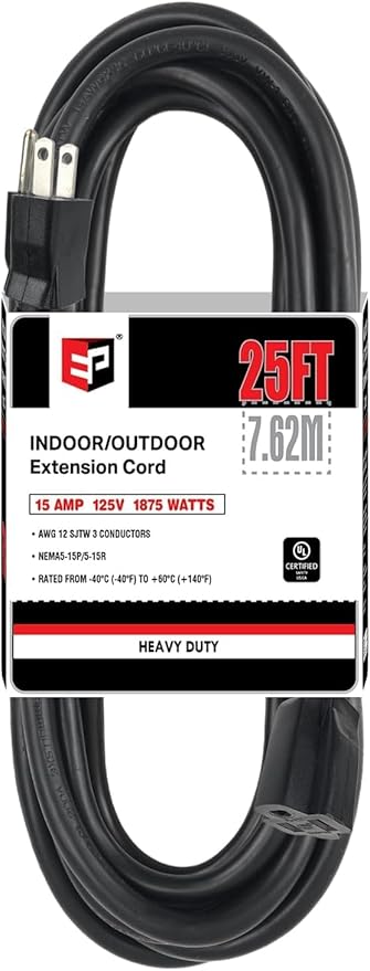EP 12/3 25 FT Indoor Outdoor Black Extension Cord Waterproof, 12 Gauge 3 Prong Power Cord Flexible Resistant Appliance Extension Cable Electric Cable Outside, 15A 1875W 12AWG SJTW, ETL Listed