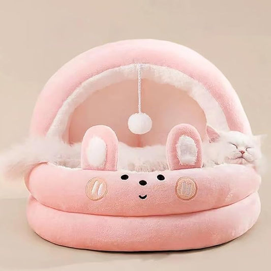 Cat Bed for Indoor Cats, Dog Bed with Anti-Slip Bottom, Rabbit-Shaped Cat/Small Dog Cave with Hanging Toy, Puppy Beds with Removable Cotton Pad, Super Soft Calming Pet Sofa Bed (Pink, Large)