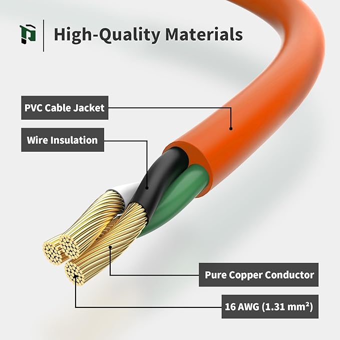 Outdoor Extension Cord 50 FT Waterproof, 16/3 Gauge Heavy Duty 3 Prong Extension Cord, 13A 1625W SJTW, ETL Listed, Great for Garden and Home, Orange