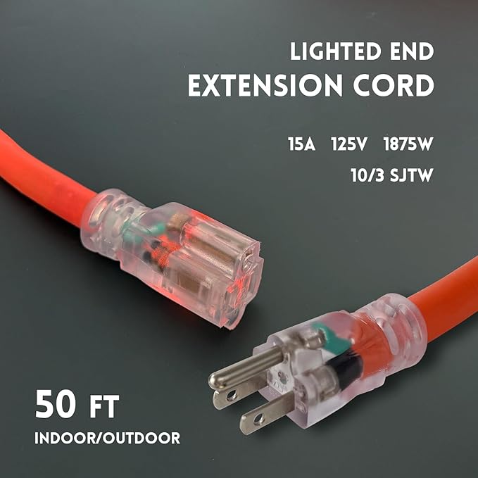 10 Gauge Heavy Duty Outdoor Extension Cord 50 FT, Waterproof Exterior Extension Cable with Lighted, 3 Prong Appliance Power Cord Outside, SJTW, 125 VAC, 15 Amp, 1875 Watts, Orange